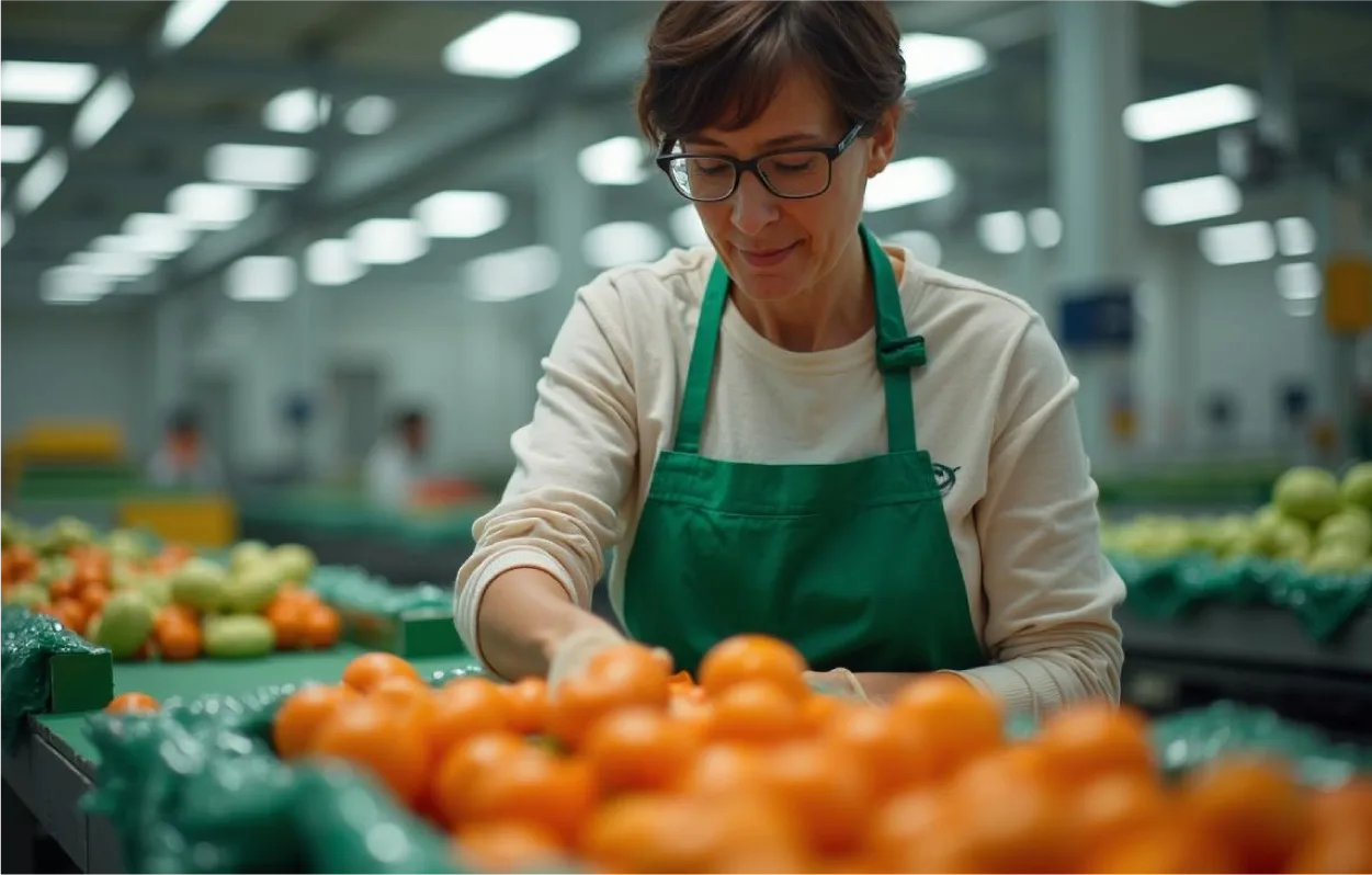 mujer trabajando en cadena de envasado Programa Gestión Erp Agro Hortofrutícola